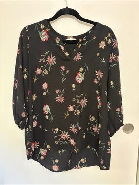 Pleione Black Floral Split-Neck Blouse with Pink & Green Accents